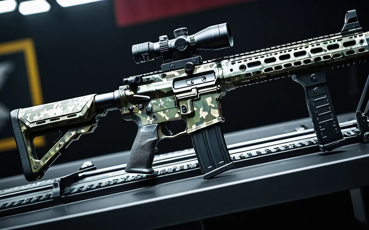 A close-up, high-detail photograph of a futuristic assault rifle with a shimmering, refractive diamond camouflage finish, resting on a sleek, dark metallic surface in a dimly lit gaming room with subtle blue ambient lighting, highlighting the weapon's intricate texture and glossy reflective surface.