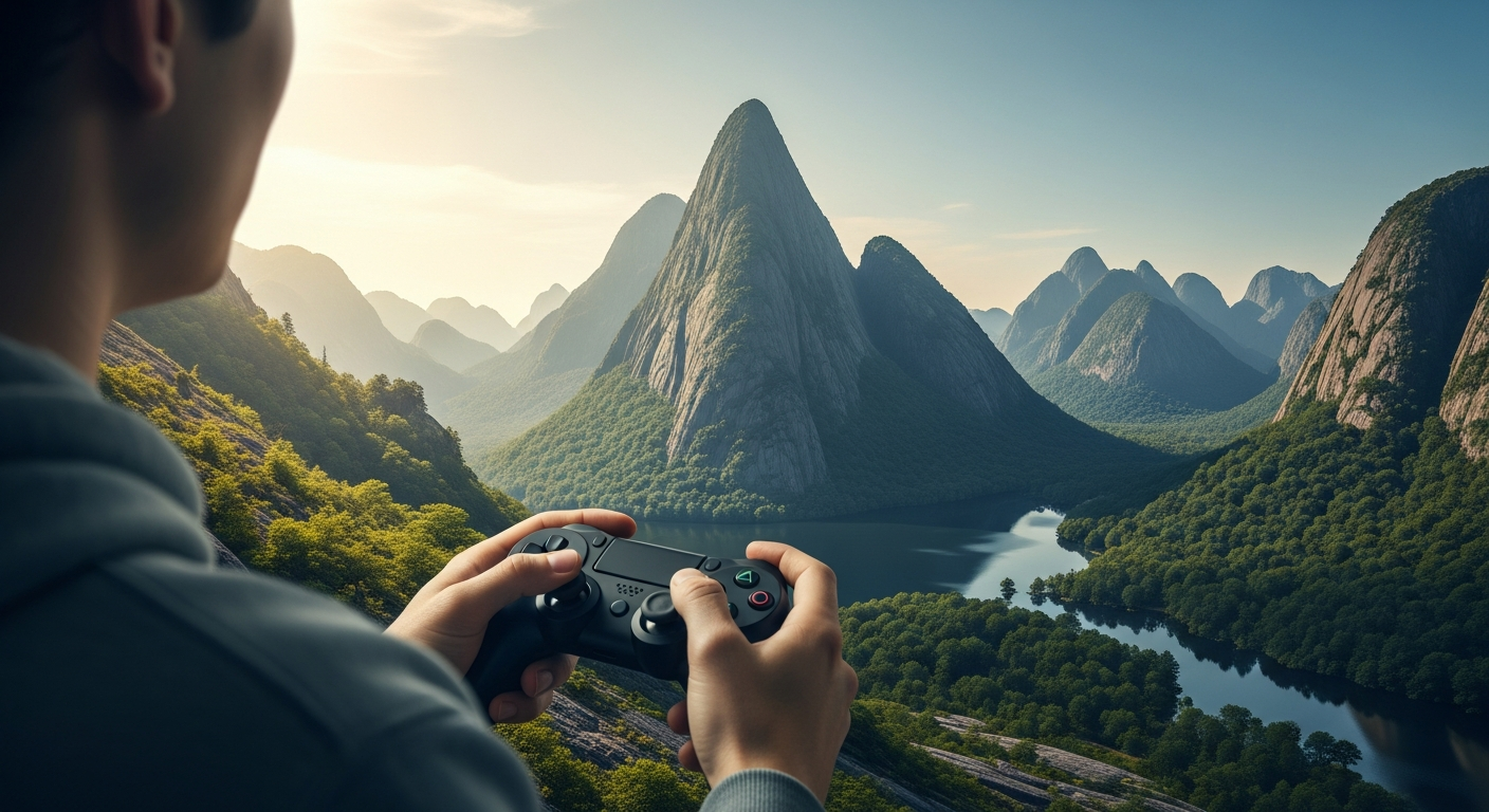 a close-up of a gamer holding a controller with a screen displaying camo challenges, surrounded by gaming paraphernalia and a focused atmosphere