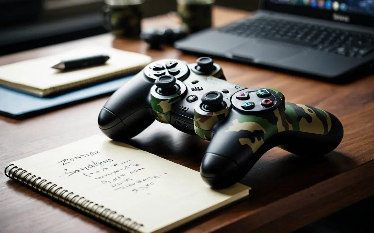 A close-up of a gaming controller resting on a desk next to a notebook with handwritten notes about Zombies camo challenges and objectives, with a cup of coffee and a smartphone displaying a gaming app in the background, soft natural lighting from a window, realistic photo style