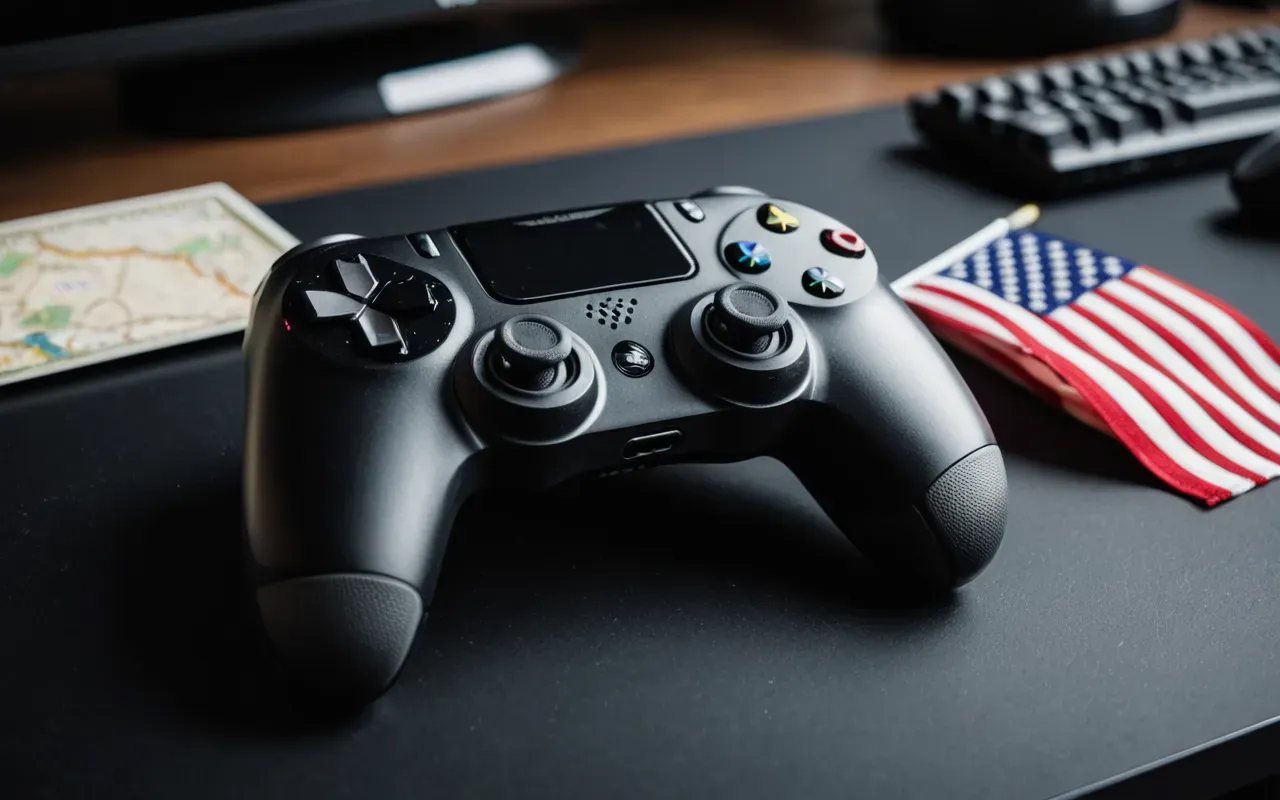 A close-up photo of a modern gaming controller resting on a sleek black desk. The background is softly blurred, showing a dimly lit room with ambient blue and purple lighting. The focus is sharp on the controller buttons and joysticks, emphasizing a high-tech, immersive gaming atmosphere without any text or branding visible.