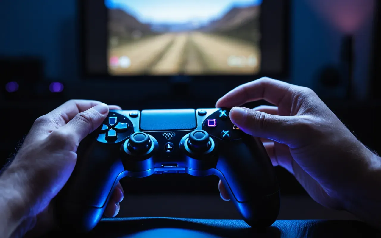A close-up photo-realistic shot of a gamer's hands on a modern black gaming controller, illuminated by soft blue and purple LED lighting from the background. The focus is sharp on the thumbs pressing buttons, with a blurred gaming monitor in the background showing a first-person shooter game. No text visible.