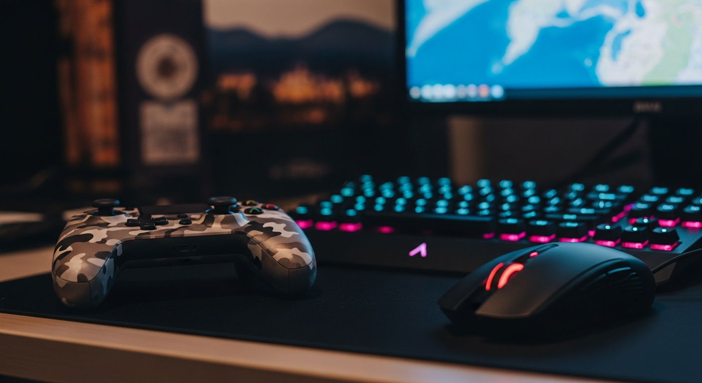 A close-up shot of a gaming mouse and keyboard on a desk, with a glowing camouflage-patterned controller resting beside them, illustrating the importance of gear customization in advancing camo-based strategies in competitive settings.
