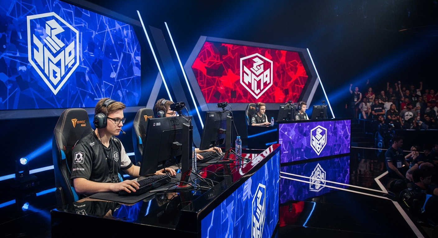 A competitive esports scene with players clustered around gaming stations, intensely focused, with digital overlays of camo mastery stats and season rewards illuminating on screens, emphasizing strategic gameplay.