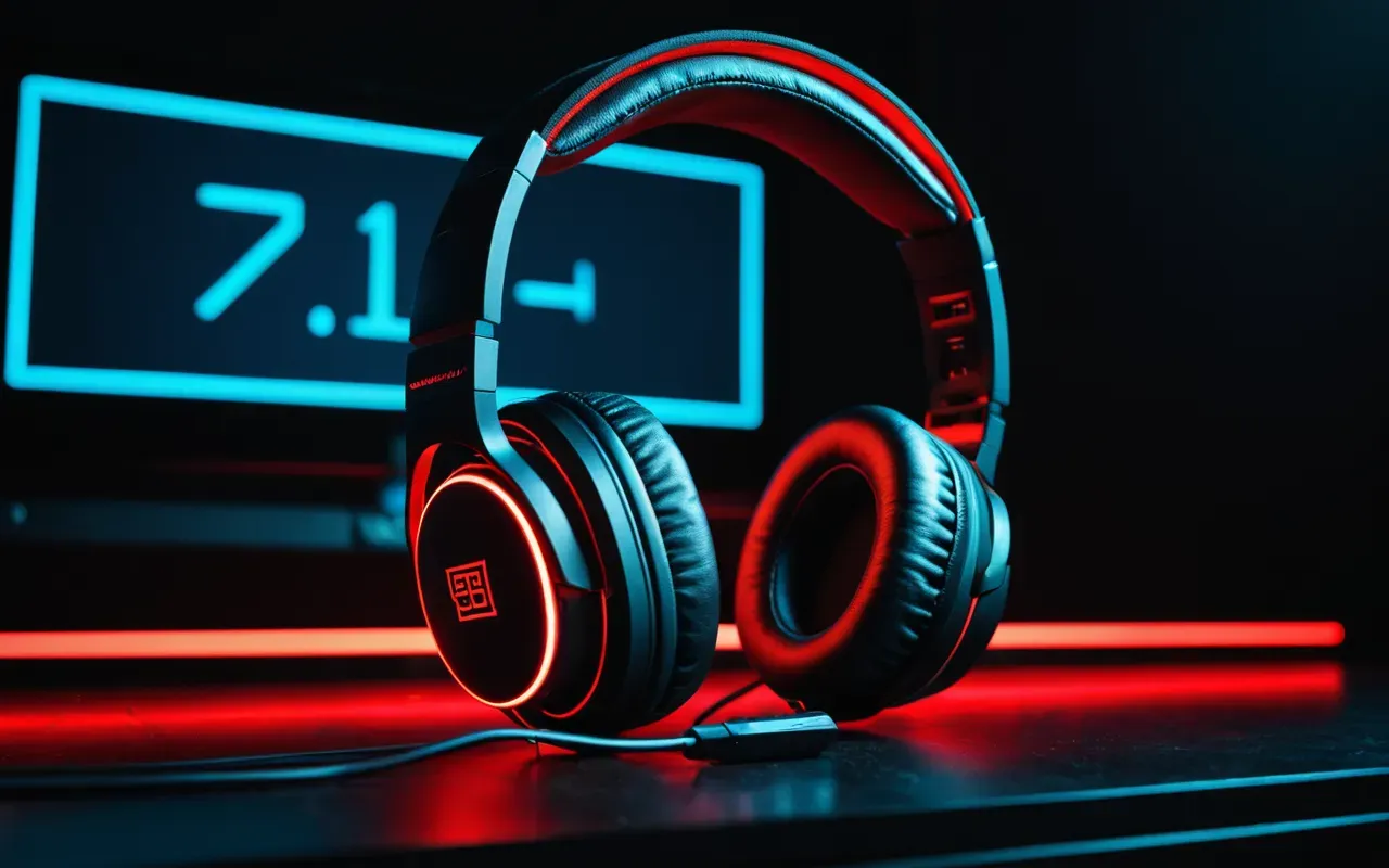 A dramatic, high-contrast image of a futuristic gaming headset glowing with neon red light against a dark background. The lighting creates sharp shadows and highlights the sleek design of the headphones. The atmosphere is intense and competitive, suggesting a high-stakes esports environment. No text or logos are visible on the equipment.