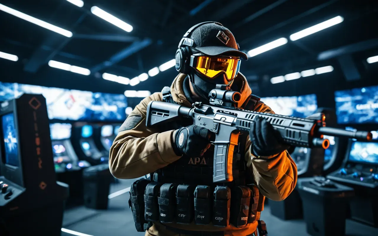 A dynamic, action-shot of a first-person shooter player in a futuristic gaming arena, holding a weapon with a glowing diamond camouflage, surrounded by blurred motion and neon lights, capturing the intensity and speed of competitive esports gameplay in a neutral, modern setting.