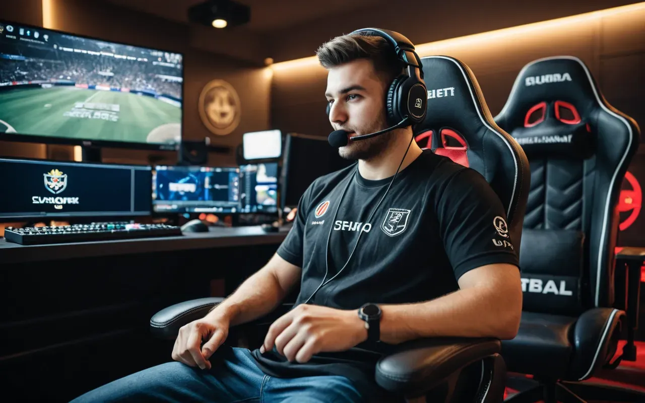 A dynamic action shot of a professional esports player sitting in a high-backed gaming chair, wearing a headset with a microphone. The player has an intense focused expression, looking at a screen off-camera. The room is dimly lit with ambient red lighting, creating a serious competitive atmosphere. No text or logos visible.