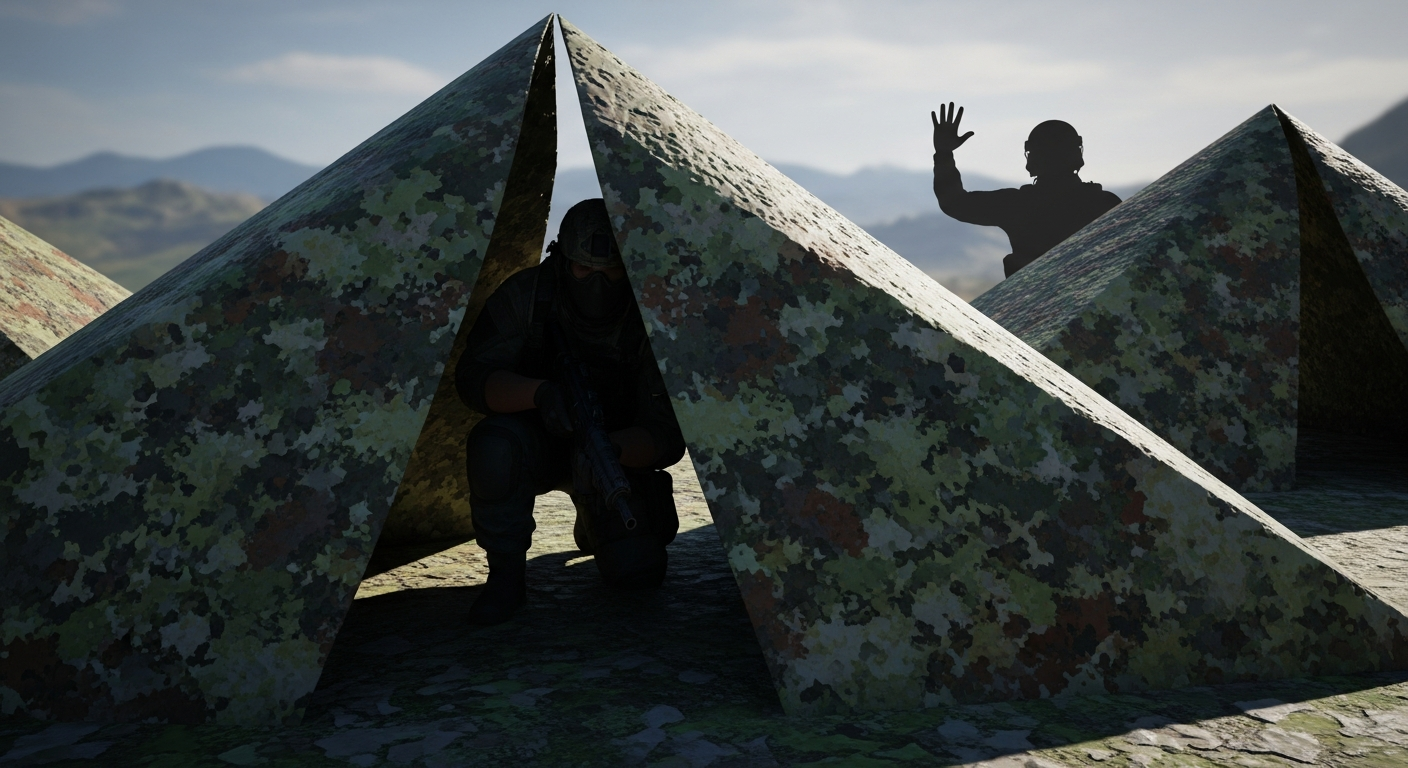 A dynamic in-game moment showing a player hidden behind a camouflaged structure, with a teammate signaling nearby, highlighting stealth tactics in competitive gameplay.