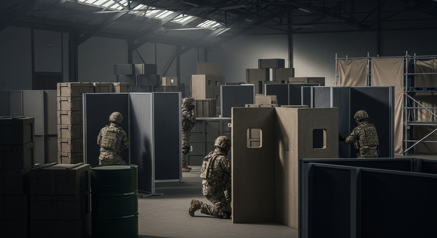 A generic, modern scenic shot of an indoor environment with players in tactical gear hiding behind environmental objects, illustrating camouflage tactics in gameplay.