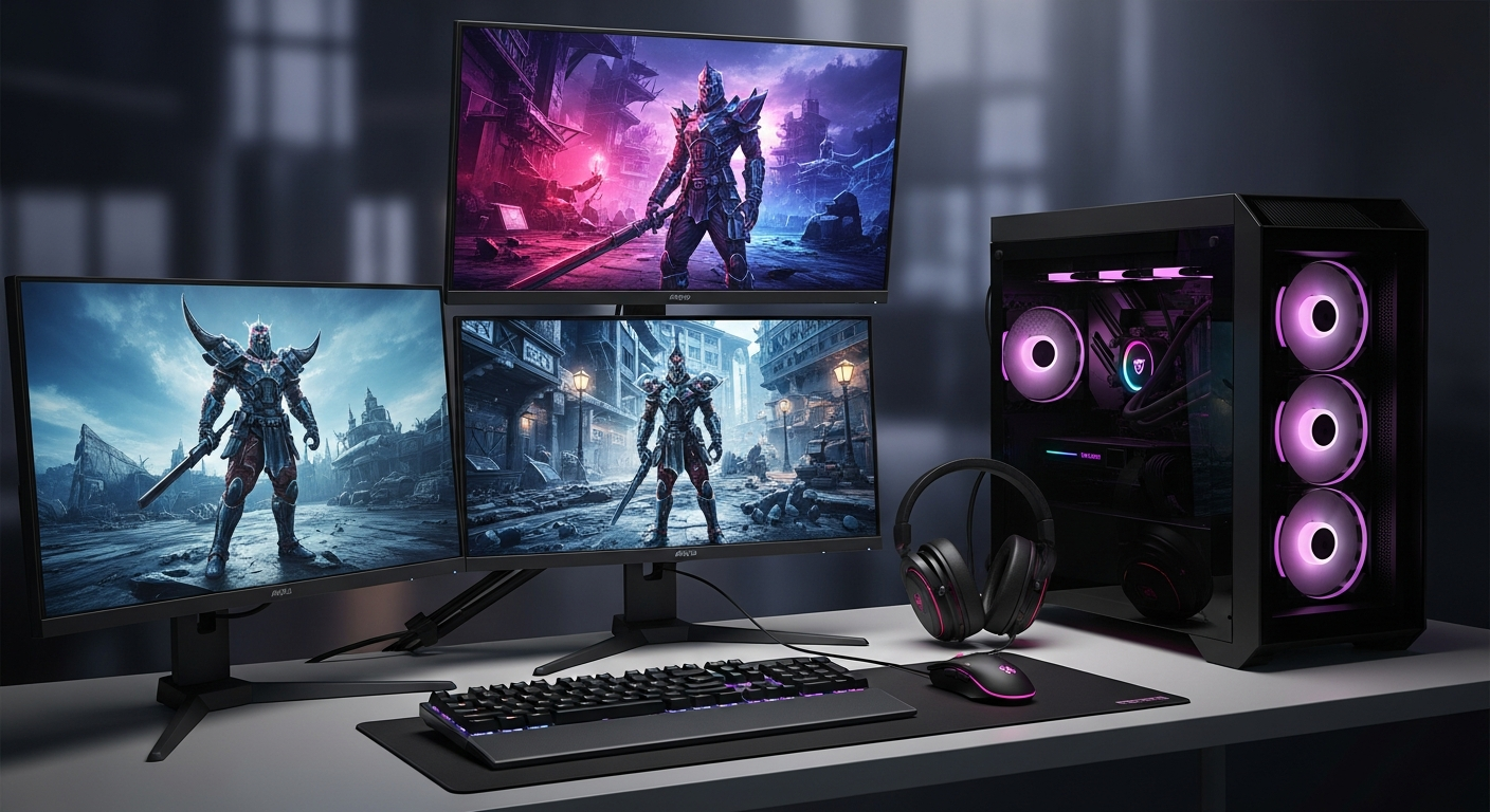 A modern gaming setup with high-end headsets, gaming monitors, and a player intensely focusing on a first-person shooter game in a dimly lit room, emphasizing the strategic environment of competitive gaming.