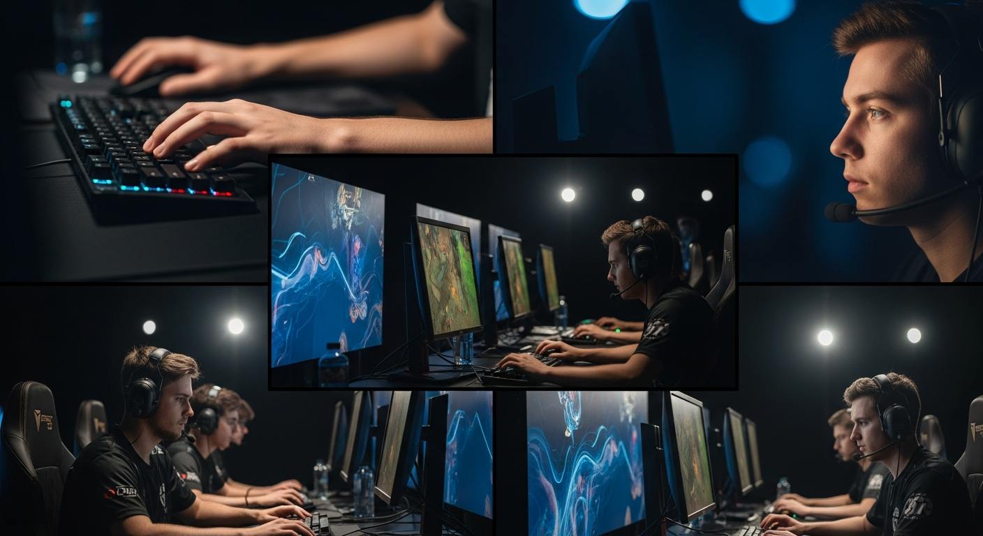 A montage of esports players in camouflage gear competing intensely in a well-lit modern arena, with environmental cues highlighting camo use.