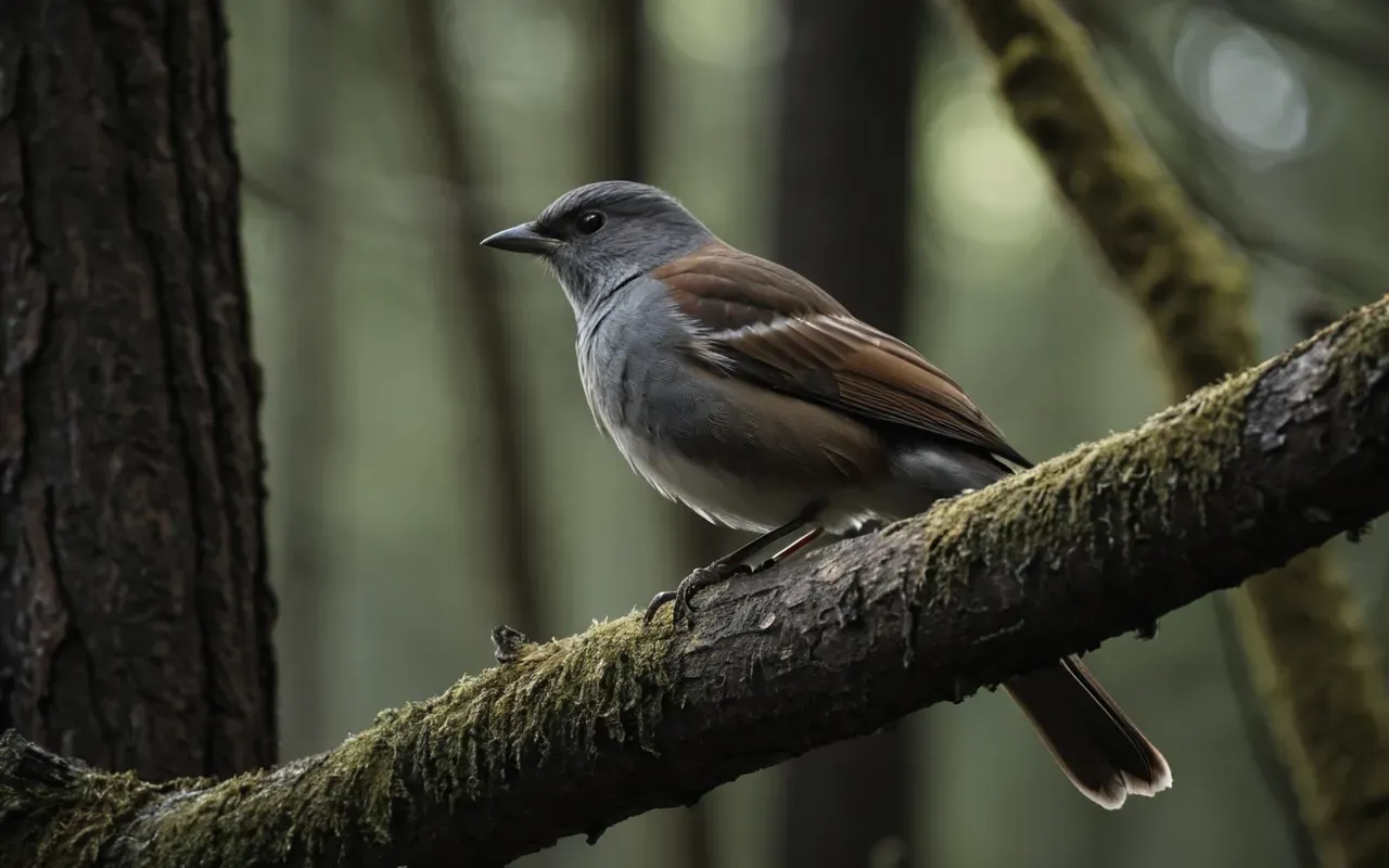 A photorealistic close-up scene showing a bird with brown and gray feathers standing motionless on a thick tree branch in a dark forest setting. The lighting is dim and moody, emphasizing the natural texture of bark and feathers blending together seamlessly without any text or labels visible.