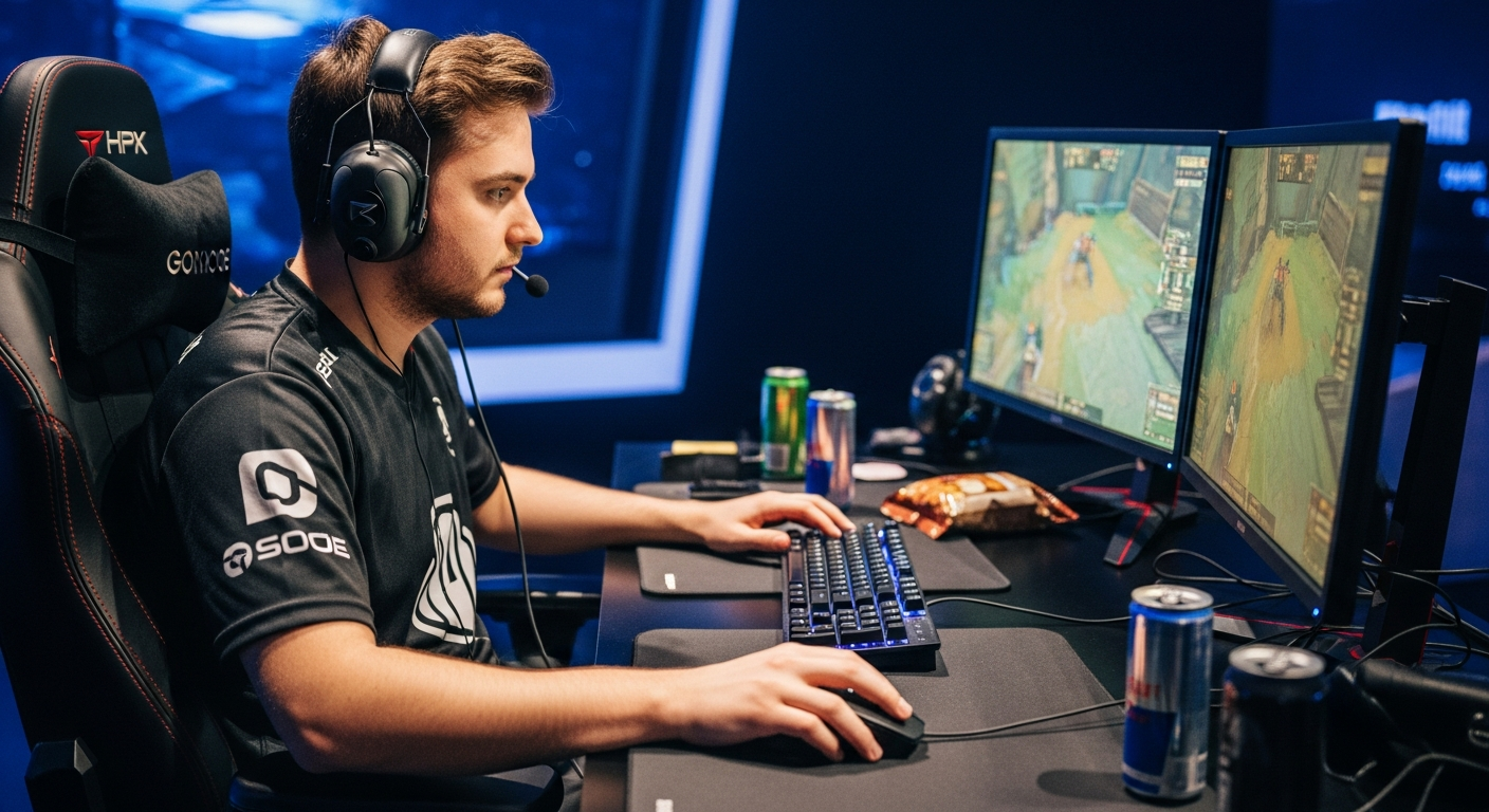 esports camouflage A professional esports player stealthily peeks out from behind a textured camouflage screen during a high-stakes competitive match, with intense focus and strategic posture in a modern gaming arena.