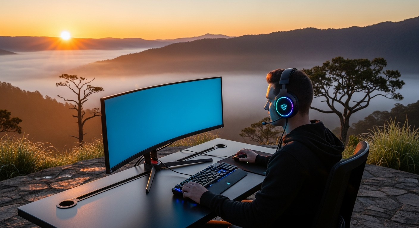 camo positioning A professional gamer in a darkened room meticulously adjusting camouflage patterns on their equipment, with a detailed map of hiding spots spread out in front