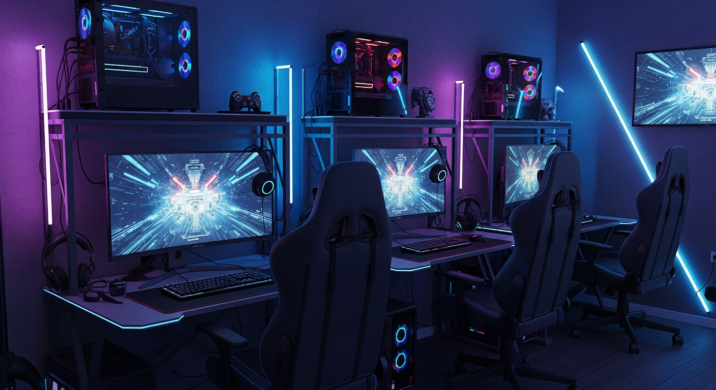 a professional gaming environment with multiple players engaged in a competitive match, screens displaying camo challenges, and a focus on the intense atmosphere of esports gameplay