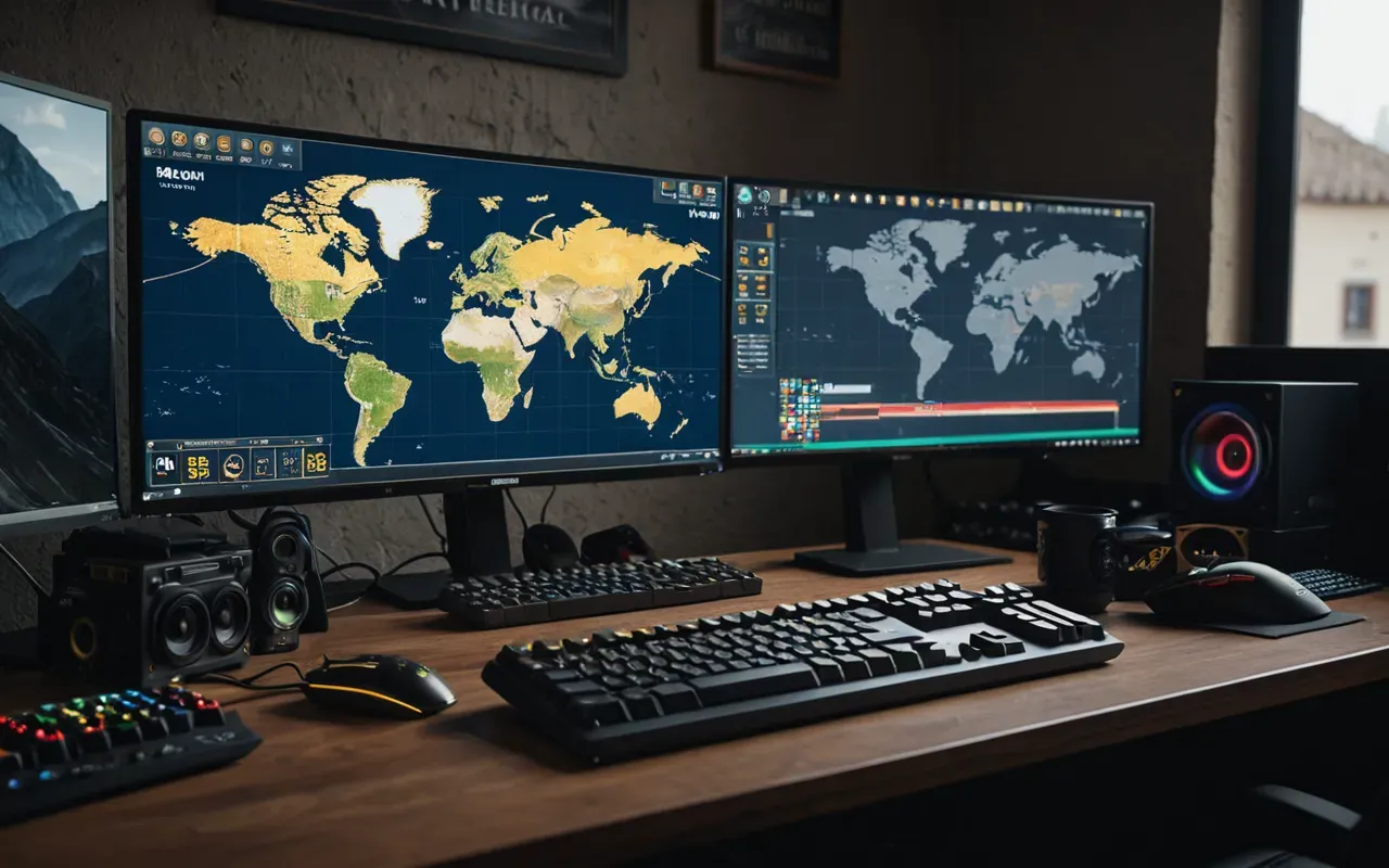 A realistic gaming setup scene showing a modern desk with dual monitors displaying first-person shooter graphics in dim lighting. Mechanical keyboards and headphones sit nearby while soft ambient blue light illuminates the workspace without any readable text or logos visible on screens.