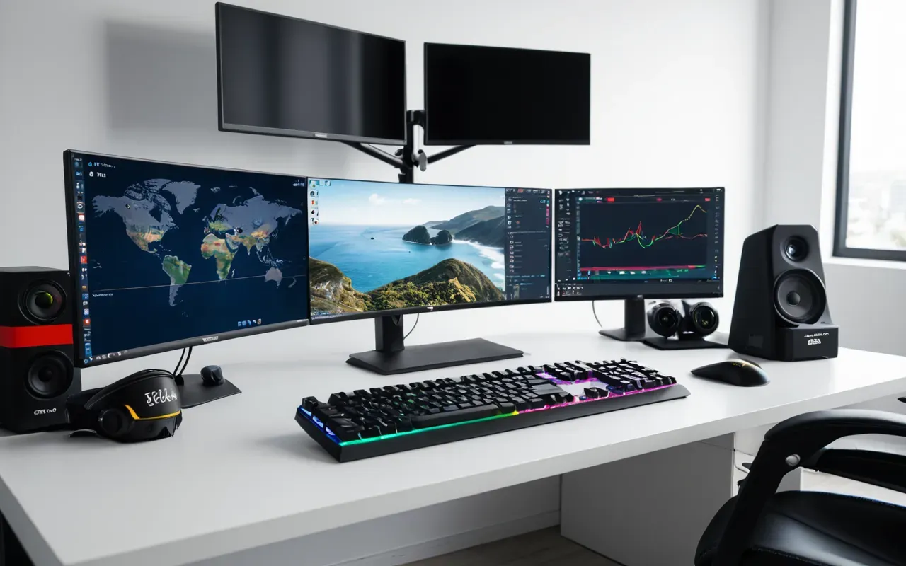 A sleek modern gaming setup on a clean white desk, featuring a mechanical keyboard with RGB lighting, a large curved monitor, and a professional gaming mouse. The background is a soft neutral gray, emphasizing the equipment. The scene is bright and well-lit, suggesting a focused and professional gaming environment. No text visible.