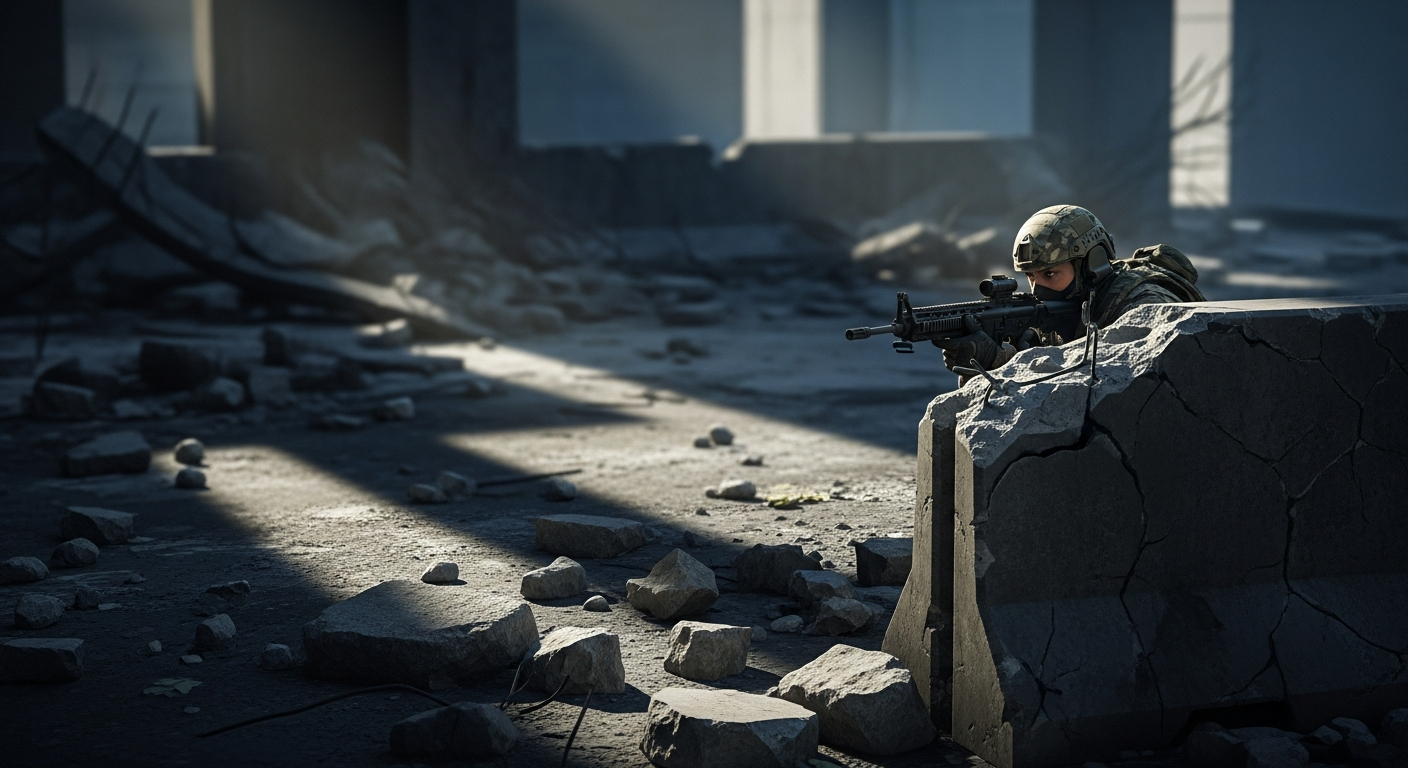 urban camo tactics A tactical shooter scene showing a player carefully positioned behind cover with camouflage blending into urban debris and shadows, preparing for a surprise attack
