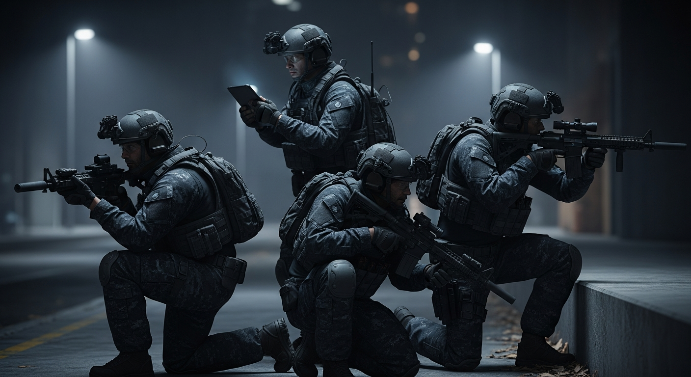 a tactical squad deploying stealth tactics with camo gear in a dark urban setting, ambient lighting emphasizing their blending into environment