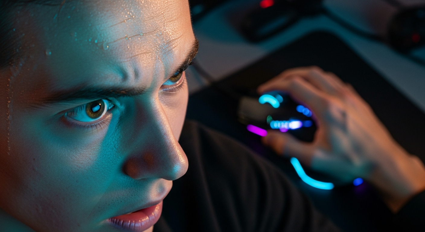 An intense gaming scene showing two players in a darkened room, with one holding a weapon camo-skin that perfectly blends into the shadowy background, highlighting how concealment tactics influence engagement outcomes.