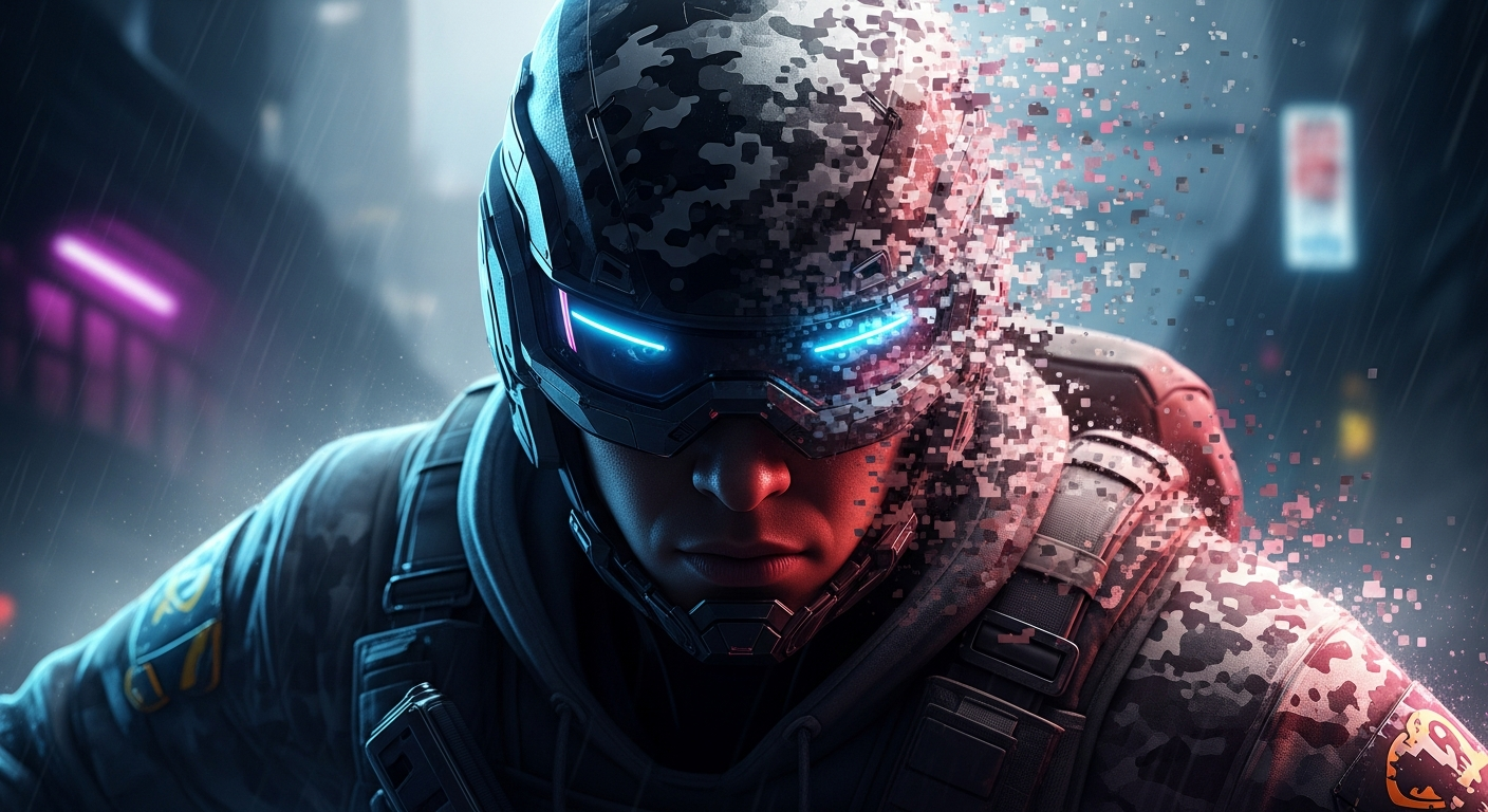 Close-up of a modern esports main character in tactical gear with different camo patterns seamlessly blending into a dark urban environment, illuminated by strategic lighting
