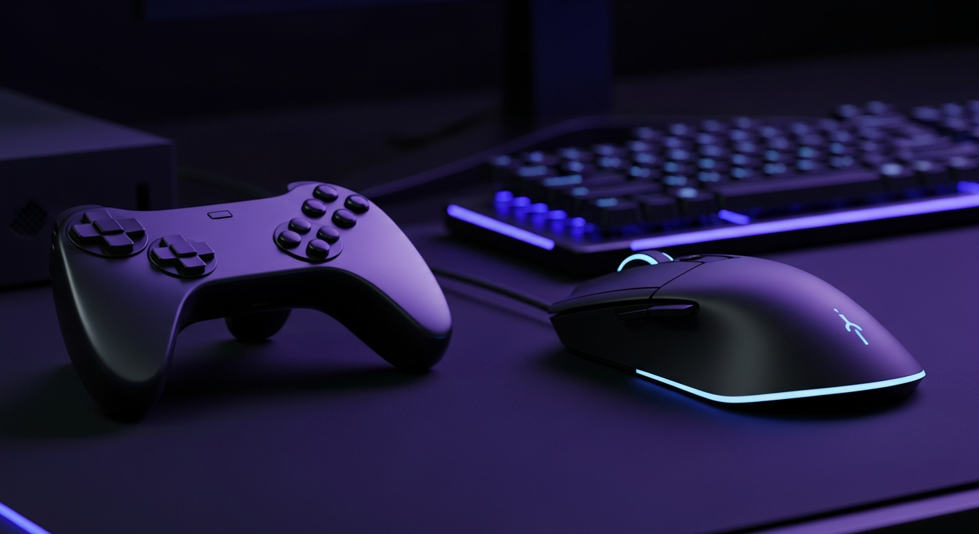 Close-up of a modern gaming setup with a high-end monitor, controller, and gameplay footage displayed, emphasizing intense focus and strategic gameplay elements