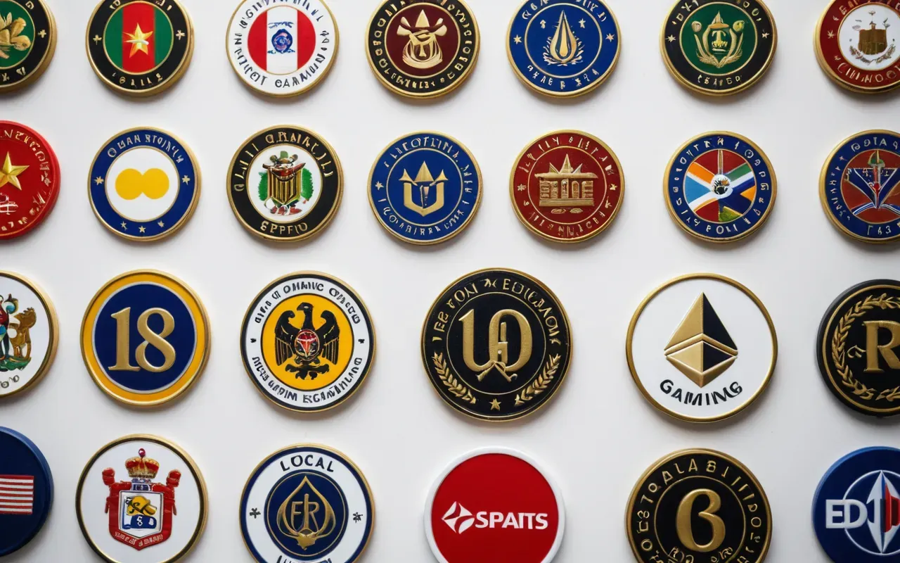 Close-up of multiple identical gaming esports logos arranged in a grid pattern on a clean white surface with soft studio lighting and no text visible anywhere