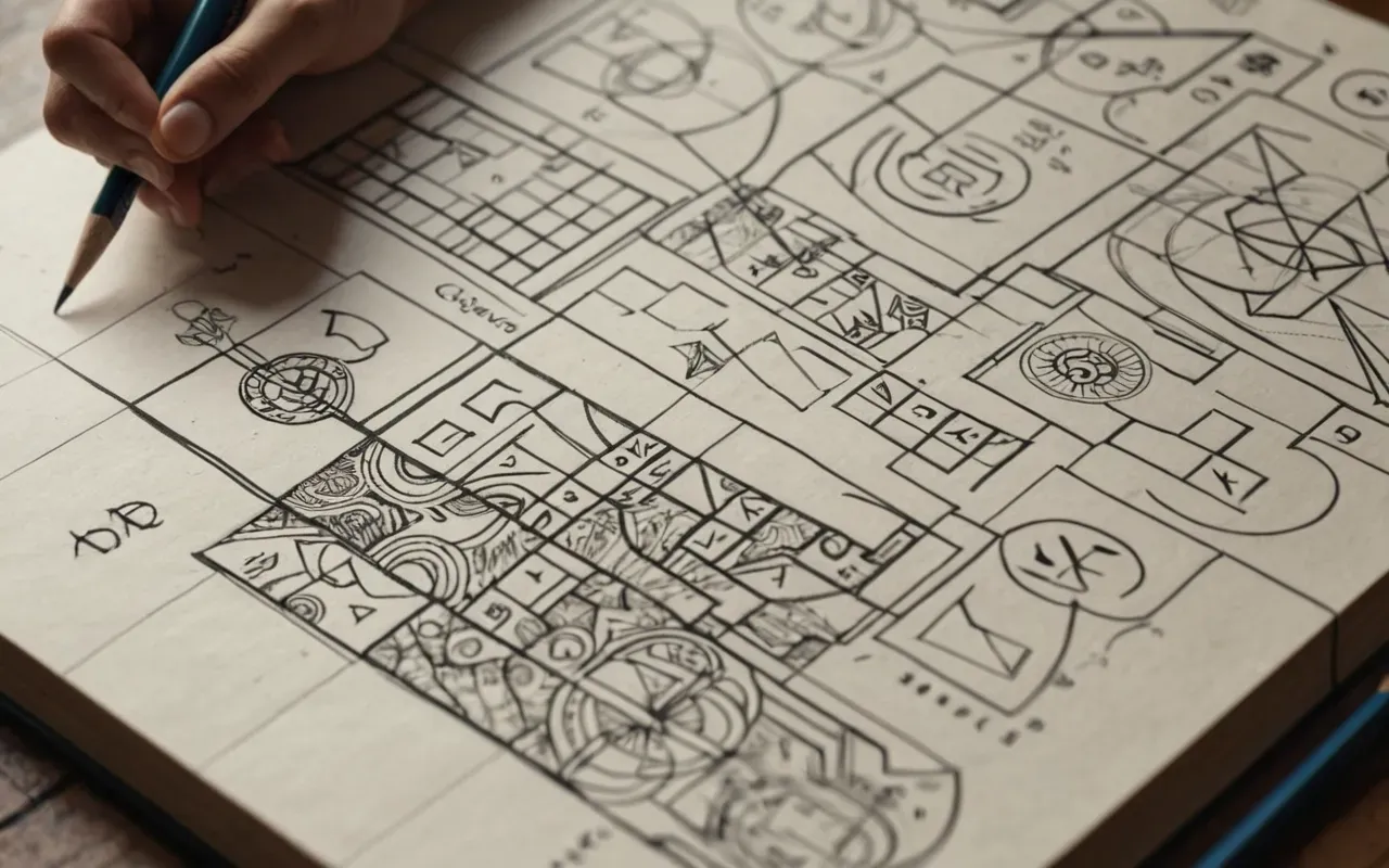 Close up shot of sketchbook pages showing hand drawn conceptual logo drafts with pencil strokes geometric shapes and abstract symbols alongside color swatch cards arranged neatly on wooden desk surface