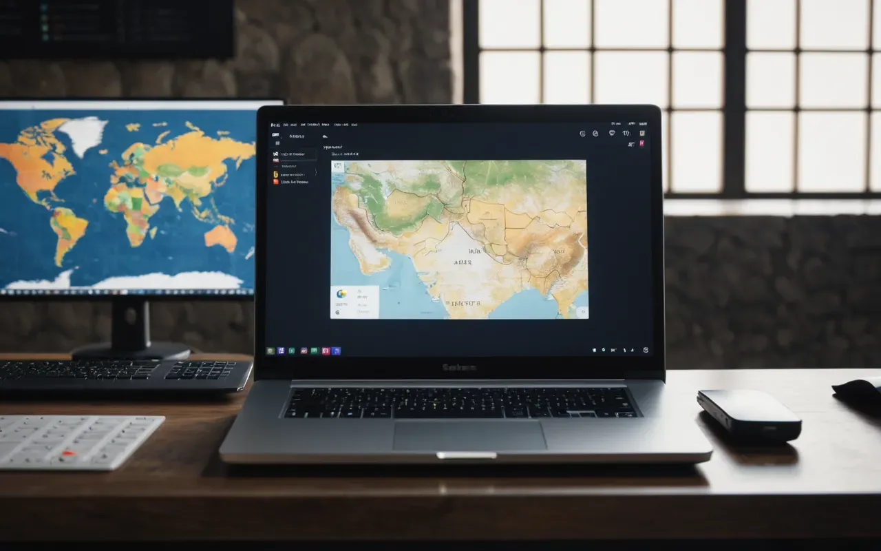 Minimalist desk setup featuring a single sleek laptop screen displaying abstract geometric shapes with soft diffused lighting and no visible text or branding elements in the frame