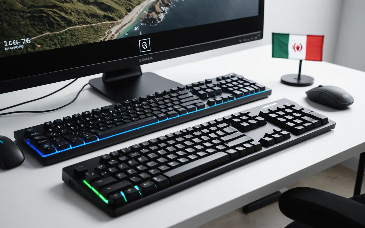 Minimalist desk setup featuring sleek mechanical keyboard with customizable RGB backlighting resting on clean white surface next to wireless gaming mouse and neatly organized cable management system