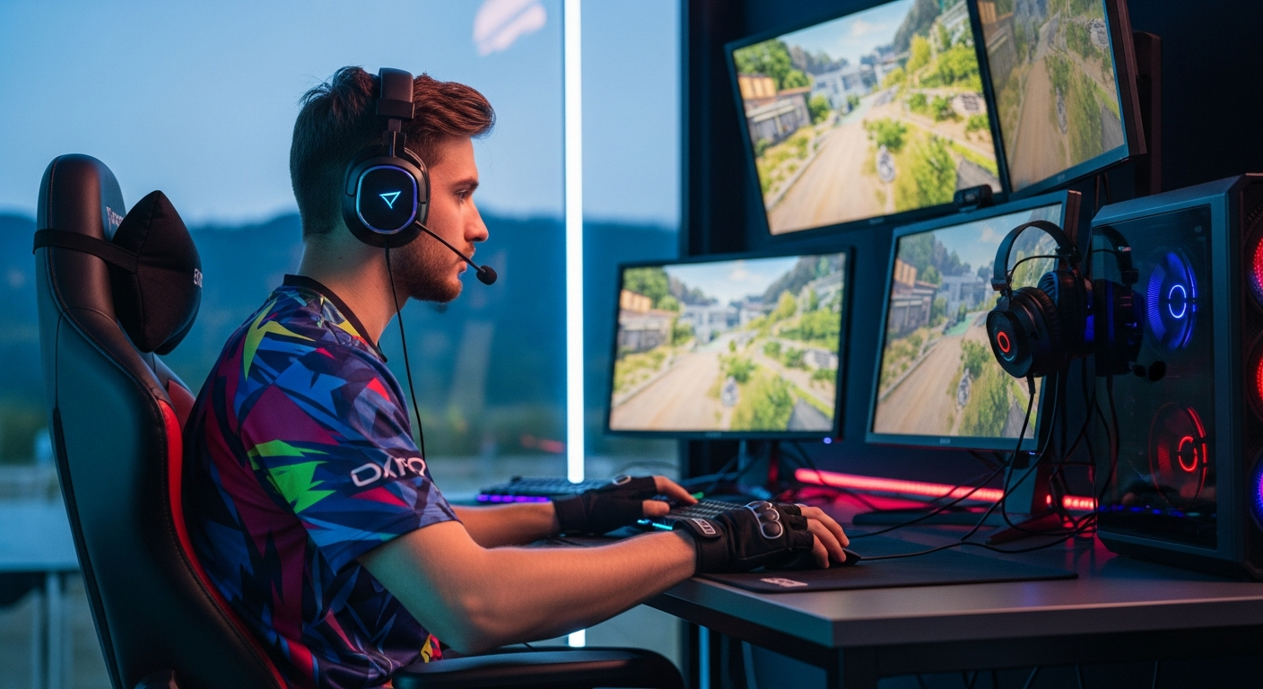 Modern esports player in a professional gaming arena, aiming at a monitor with strategic camo patterns displayed on their equipment, with focus and intensity