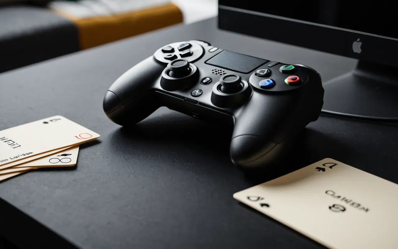Modern gaming controller resting on a matte black surface next to neatly stacked index cards with clean minimalist lighting and soft shadows creating depth without any text visible