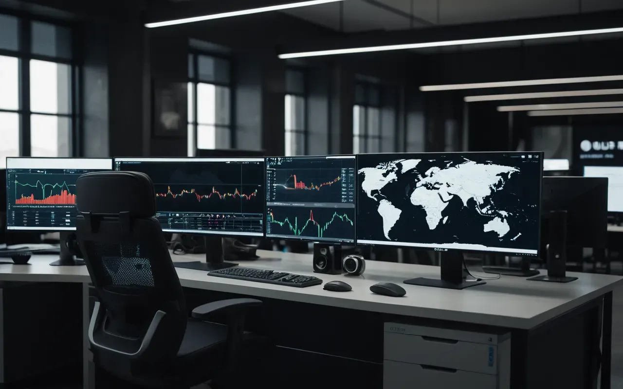 Modern minimalist workspace featuring multiple sleek monitors displaying vibrant abstract geometric patterns and dark mode interfaces with soft ambient lighting reflecting off glass surfaces