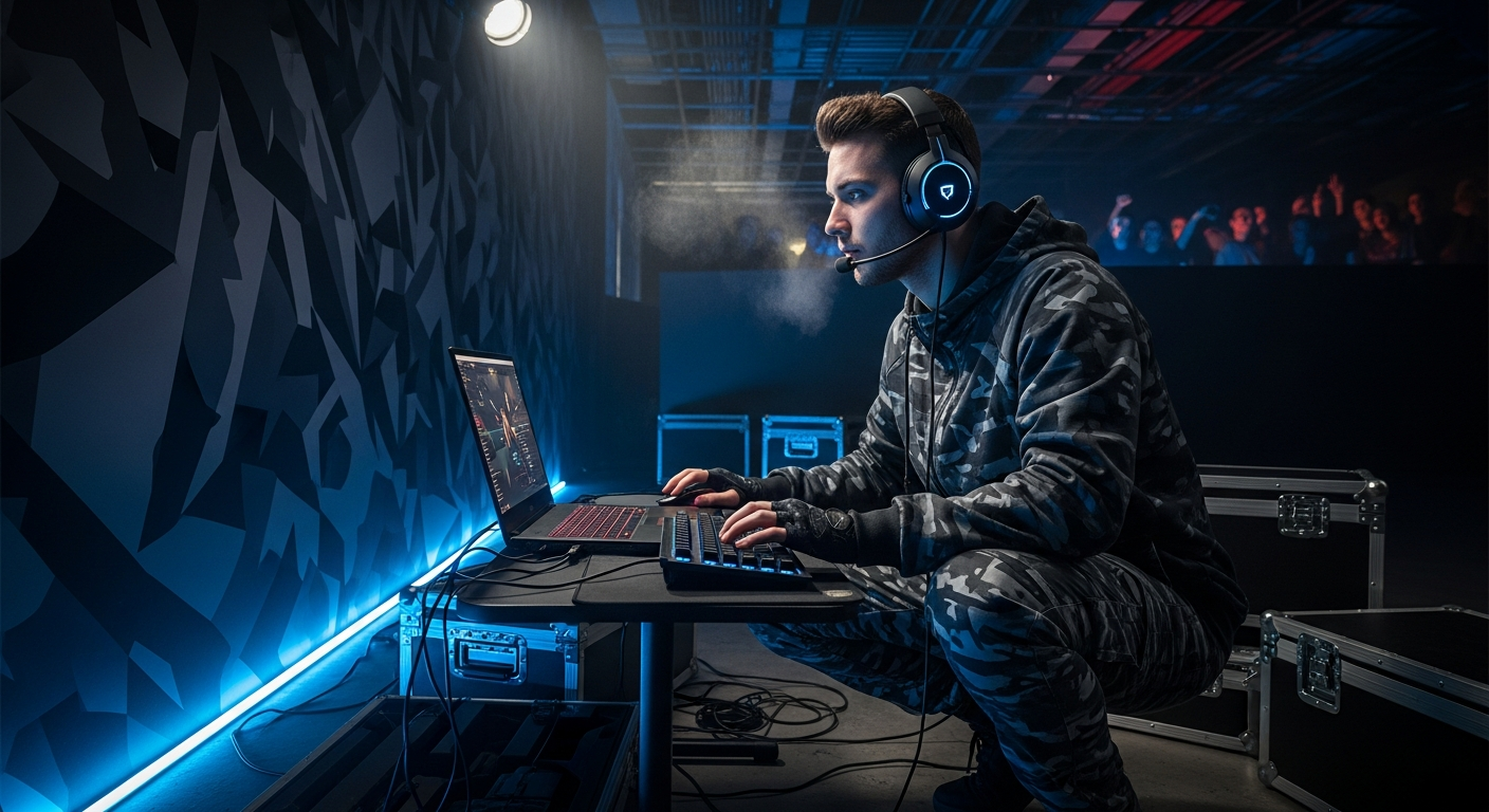 stealth tactics Professional esports player crouching in a shadowed environment with a custom camouflage pattern matching the surroundings, ambient lighting casting dramatic shadows emphasizing stealth