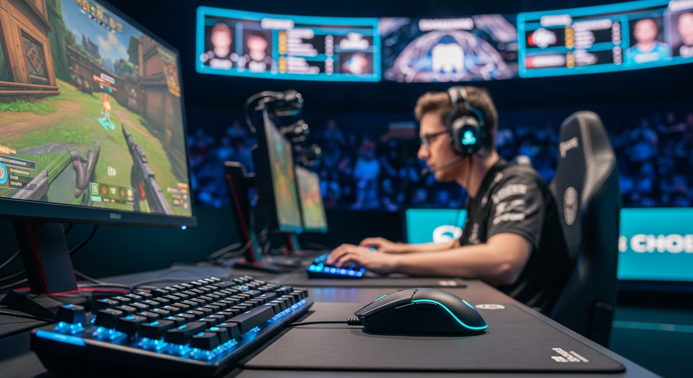 Professional esports player in a dark studio, intensely analyzing gameplay footage on multiple screens, surrounded by camo pattern skins and strategic tools