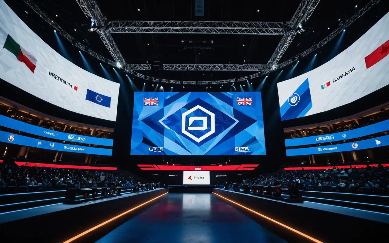 Wide angle view of professional esports tournament arena featuring large curved LED screens displaying abstract geometric graphics with bright stage lighting illuminating empty spectator seating area below