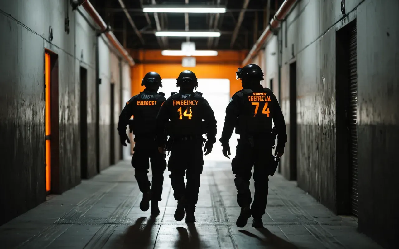 A blurred action shot of two figures in tactical gear moving through a dimly lit industrial corridor with orange emergency lighting casting long shadows on the metal floor.