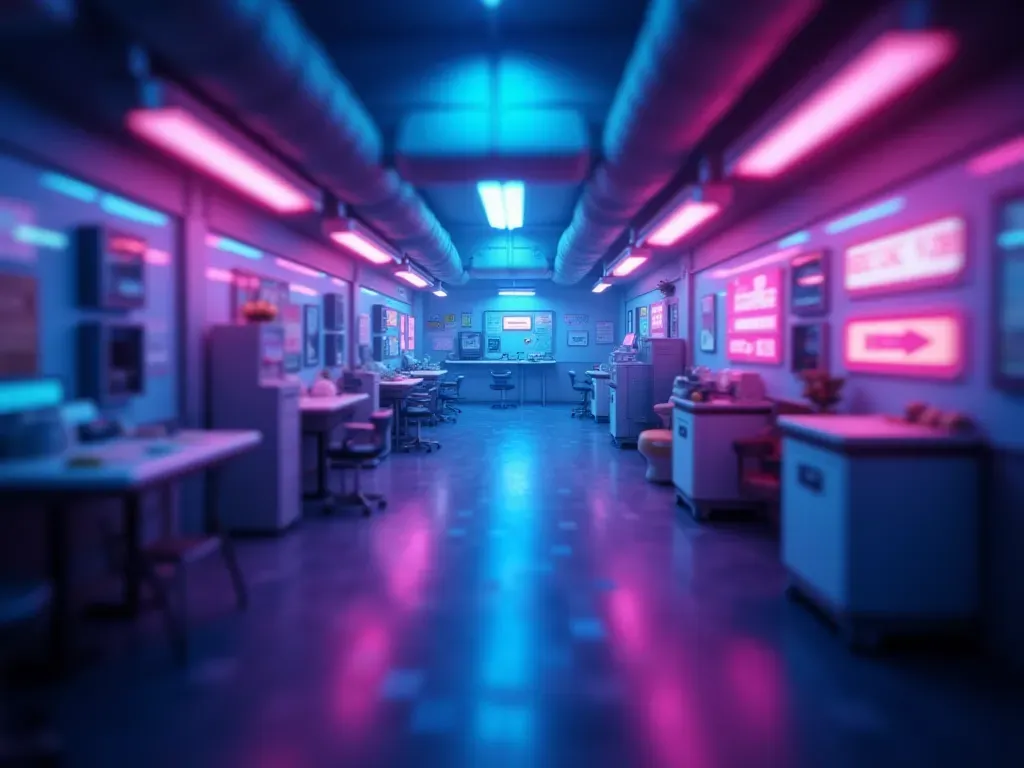 A blurred motion shot of a first-person view in a video game corridor. The lighting is neon blue and purple with digital glitch effects overlaying the scene.