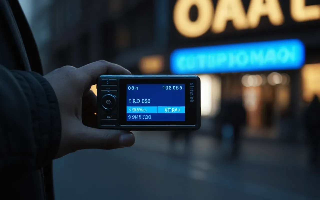 A blurred motion shot of a hand holding a small rectangular device with glowing blue lights and no visible buttons or text in a dark environment suggesting high speed movement