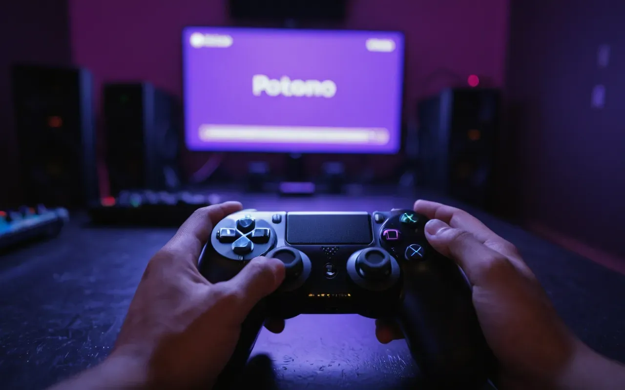 A blurred motion shot of a player's hands moving rapidly over a gaming controller in a dark room with soft purple ambient light reflecting off the plastic surface.