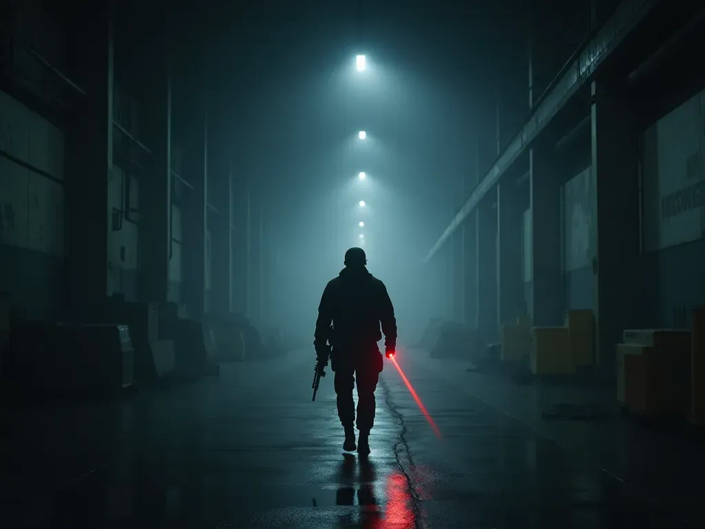 A cinematic shot of a lone soldier walking through a foggy industrial warehouse at night, holding a rifle with red laser sights glowing in the darkness.