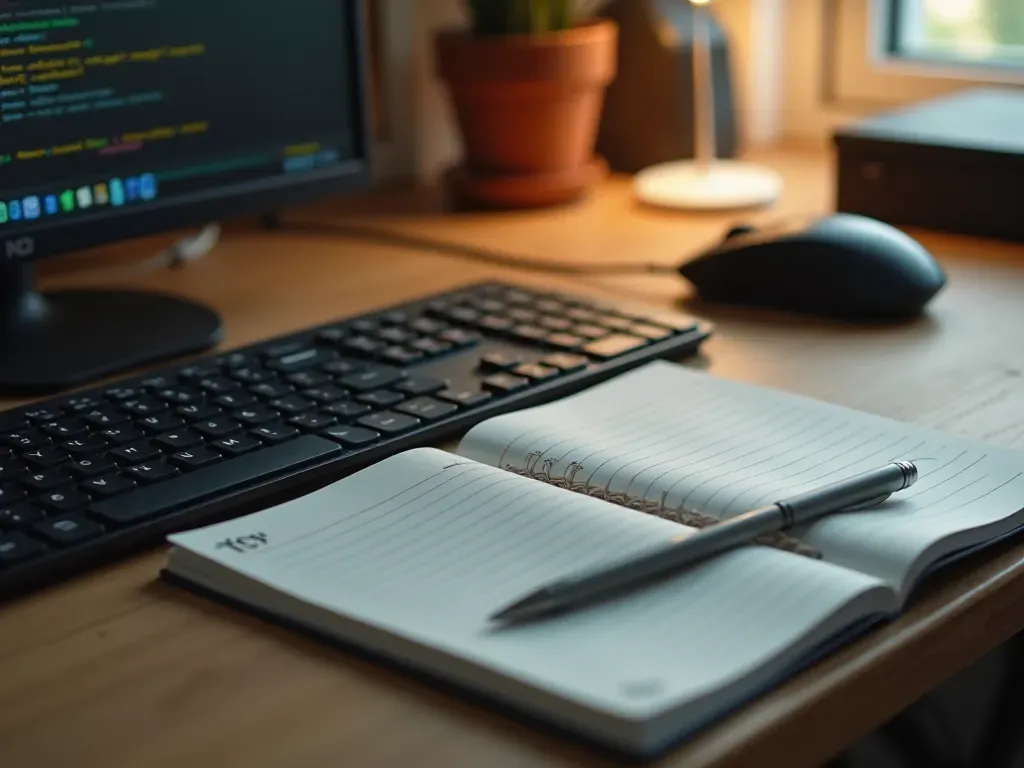 A clean desk surface holding a mechanical keyboard and a mouse. A single tactical notebook lies open next to a pen. Warm overhead lighting casts soft shadows across the smooth wood grain. The scene feels organized and ready for focused work.