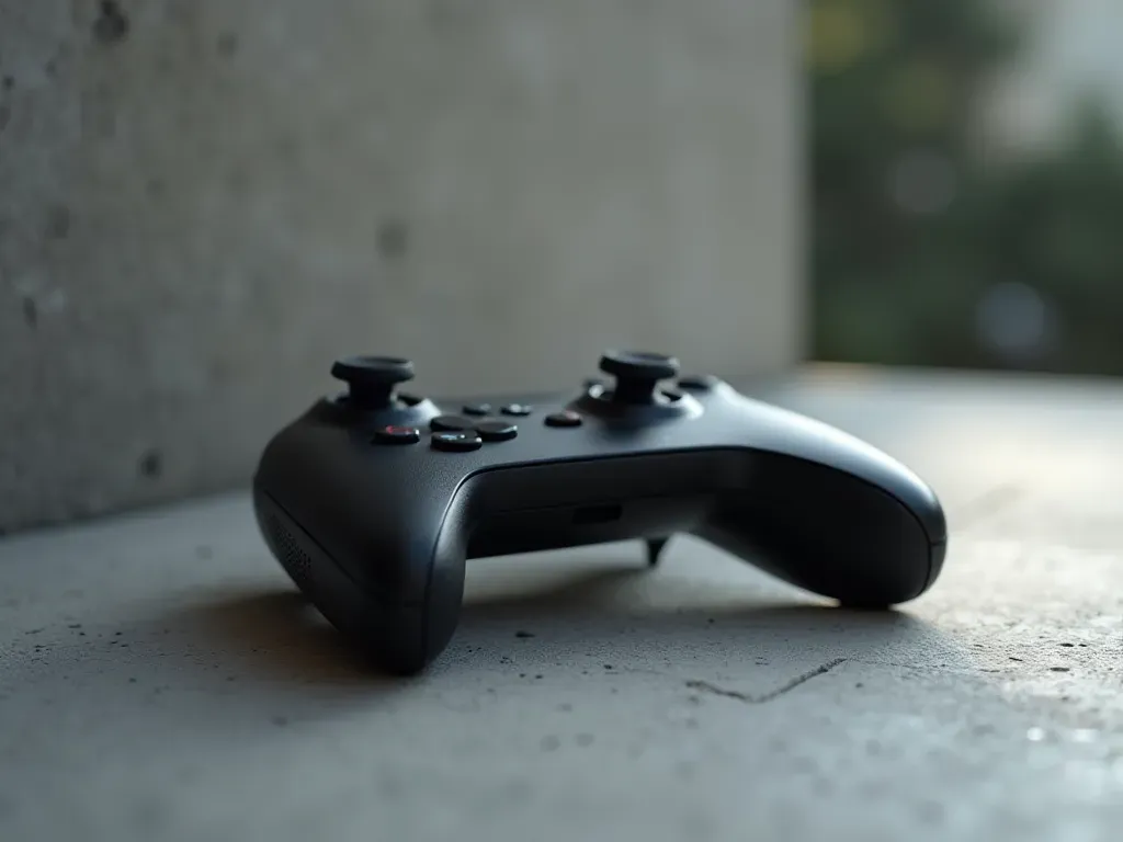 A clean editorial still life of a modern gaming controller resting on a textured concrete surface, soft diffused lighting, neutral monochrome tones, high resolution photography