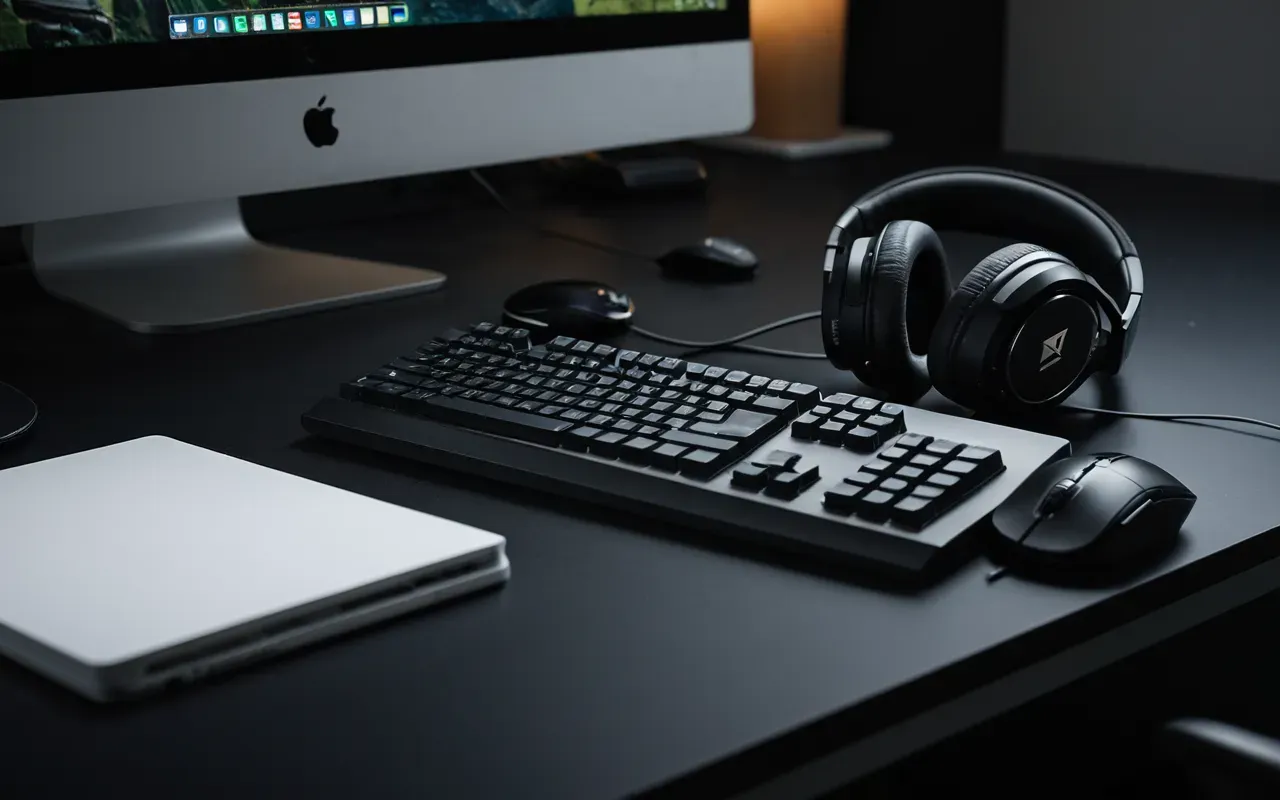 A clean editorial still life of modern gaming peripherals including a mouse and headset on a matte black desk surface with soft lighting.