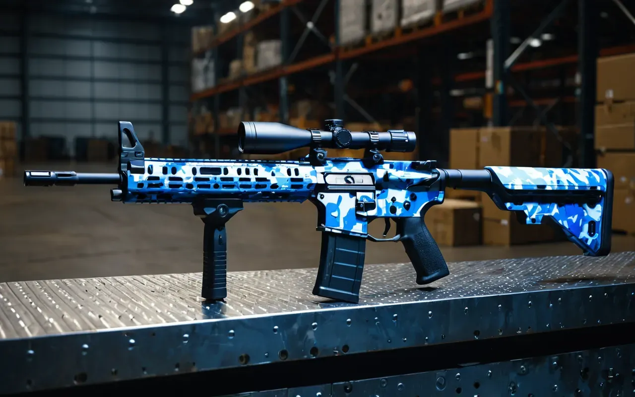 A close-up of a futuristic assault rifle with a glowing blue digital camouflage pattern resting on a metallic surface in a dimly lit warehouse. The lighting highlights the intricate circuit-like design of the camo.