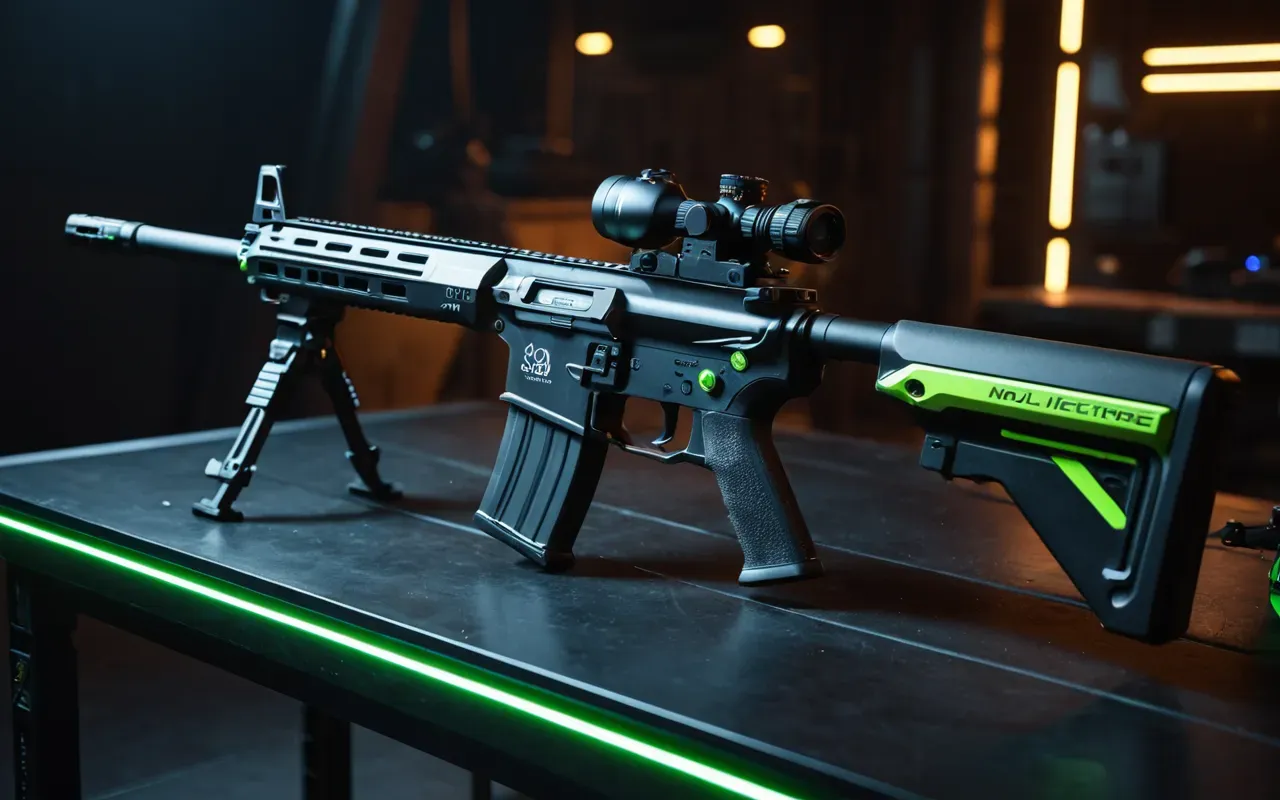 A close-up of a futuristic assault rifle with neon green accents lying on a dark tactical table next to a glowing drone component part.