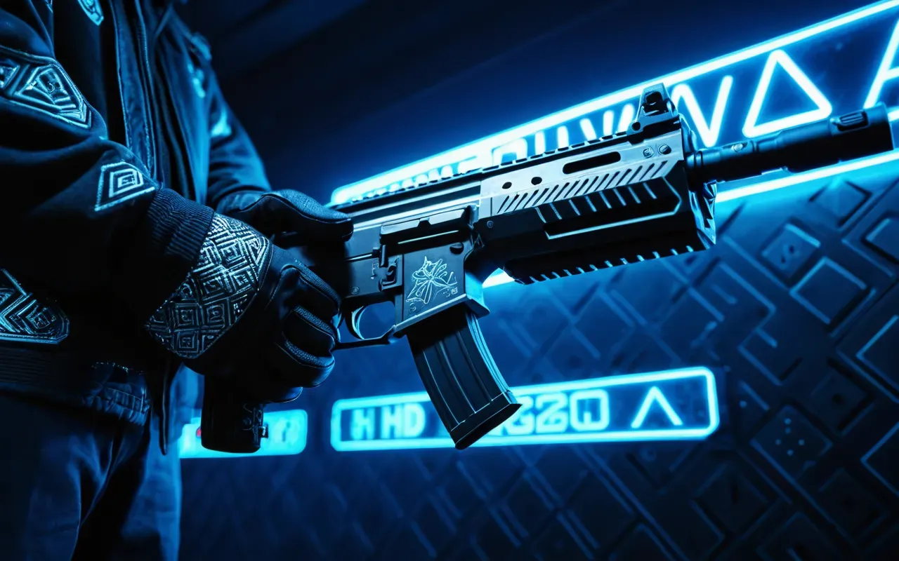 A close-up of a gloved hand holding a futuristic assault rifle with intricate glowing diamond patterns etched into the metal surface under dim blue neon lighting in a dark room.