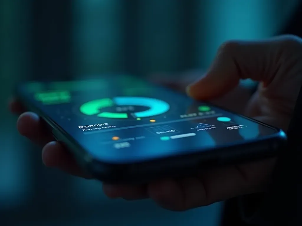 A close-up of a hand holding a modern smartphone displaying an abstract interface with glowing circular progress indicators in blue and green colors against a dark background with no visible text or numbers.