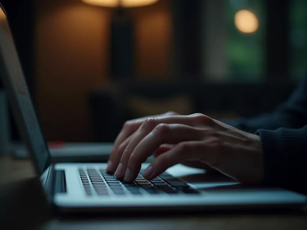 A close-up of a hand typing on a sleek silver laptop keyboard in a dimly lit room, shallow depth of field, focus on the keys, moody cinematic lighting, editorial photography