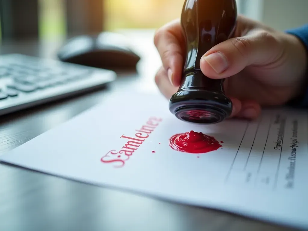 A close-up of a legal document being stamped with red ink on a sleek modern desk next to a keyboard and mouse symbolizing corporate enforcement actions against digital content creators