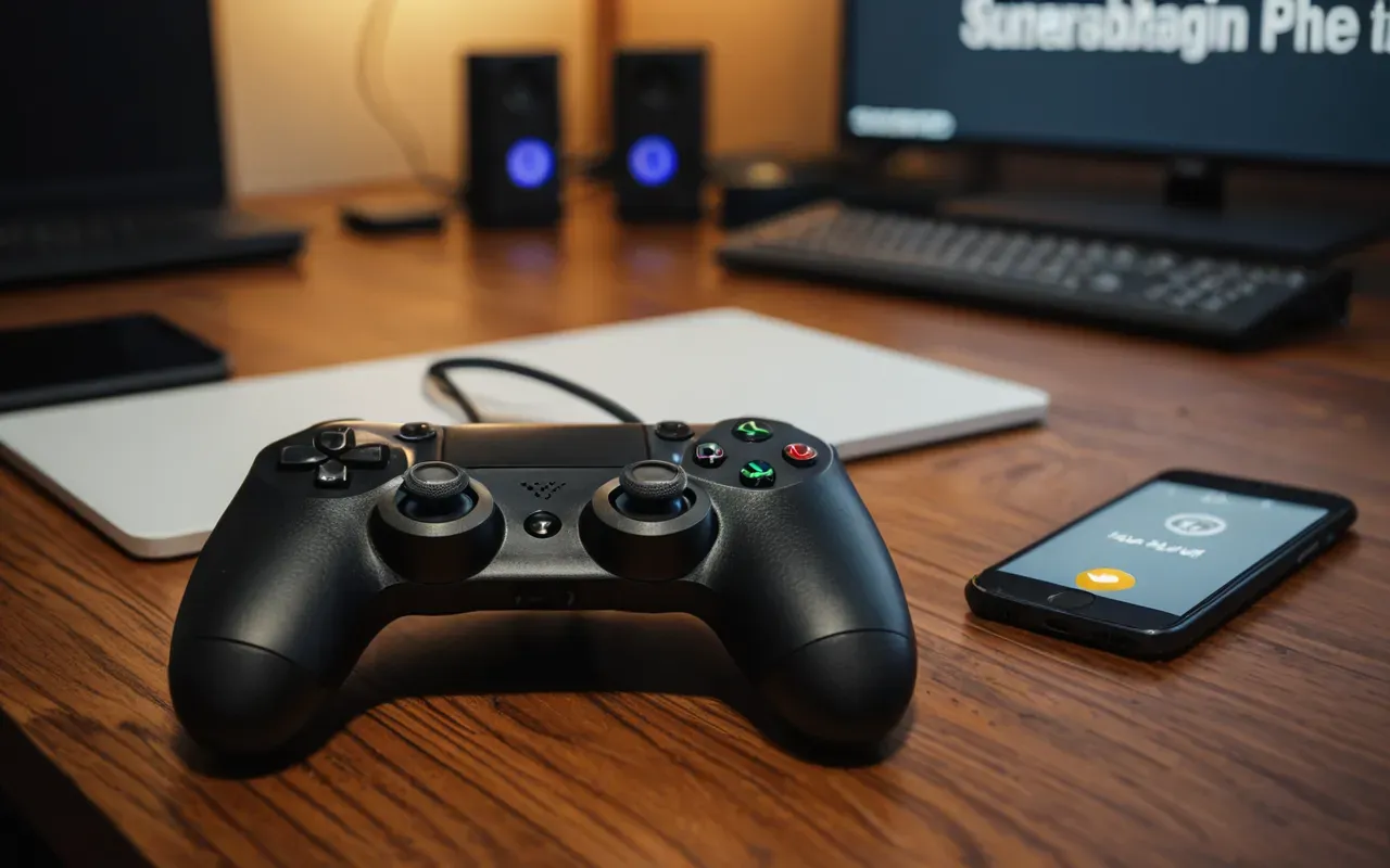 A close up of a modern gaming controller resting on a wooden desk next to a smartphone displaying time settings with warm ambient lighting in the background and no text visible